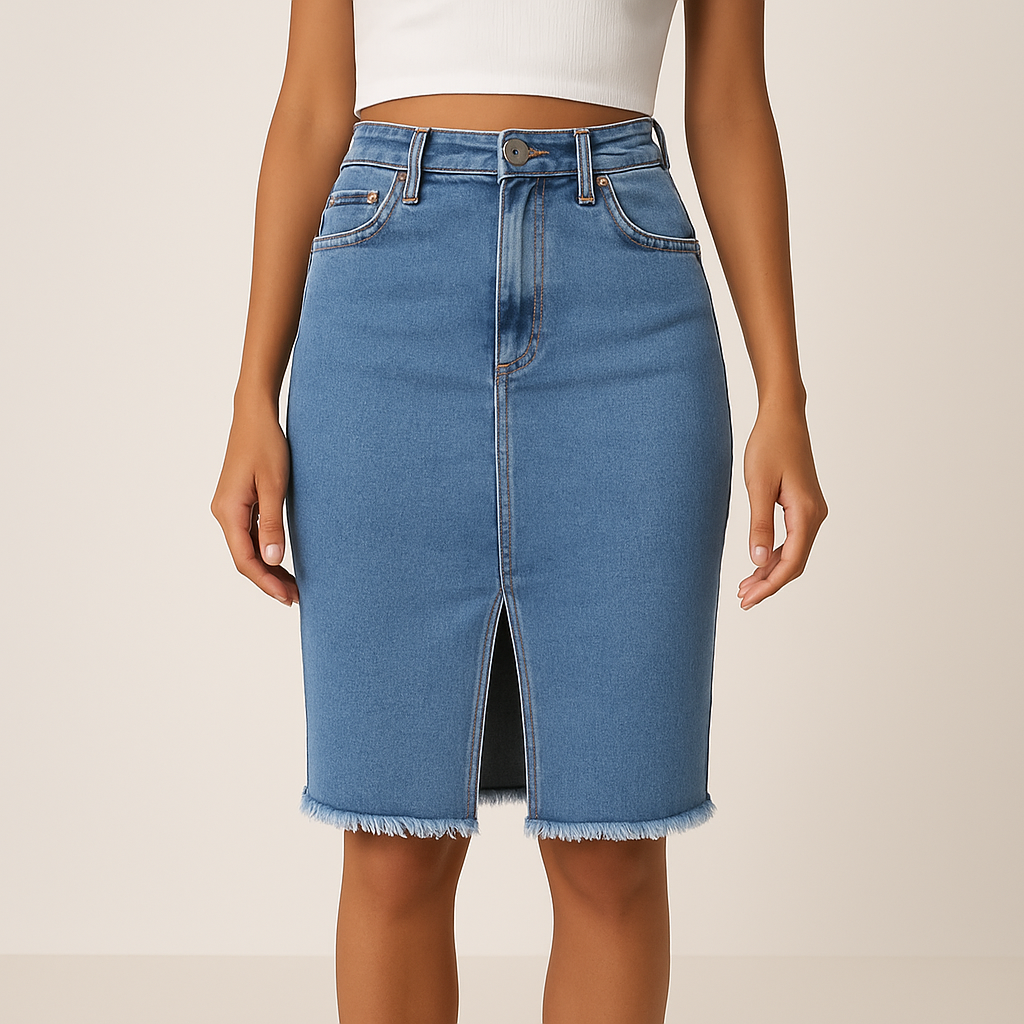 Vellora™ | Mellemlang Denimnederdel med Slids Foran
